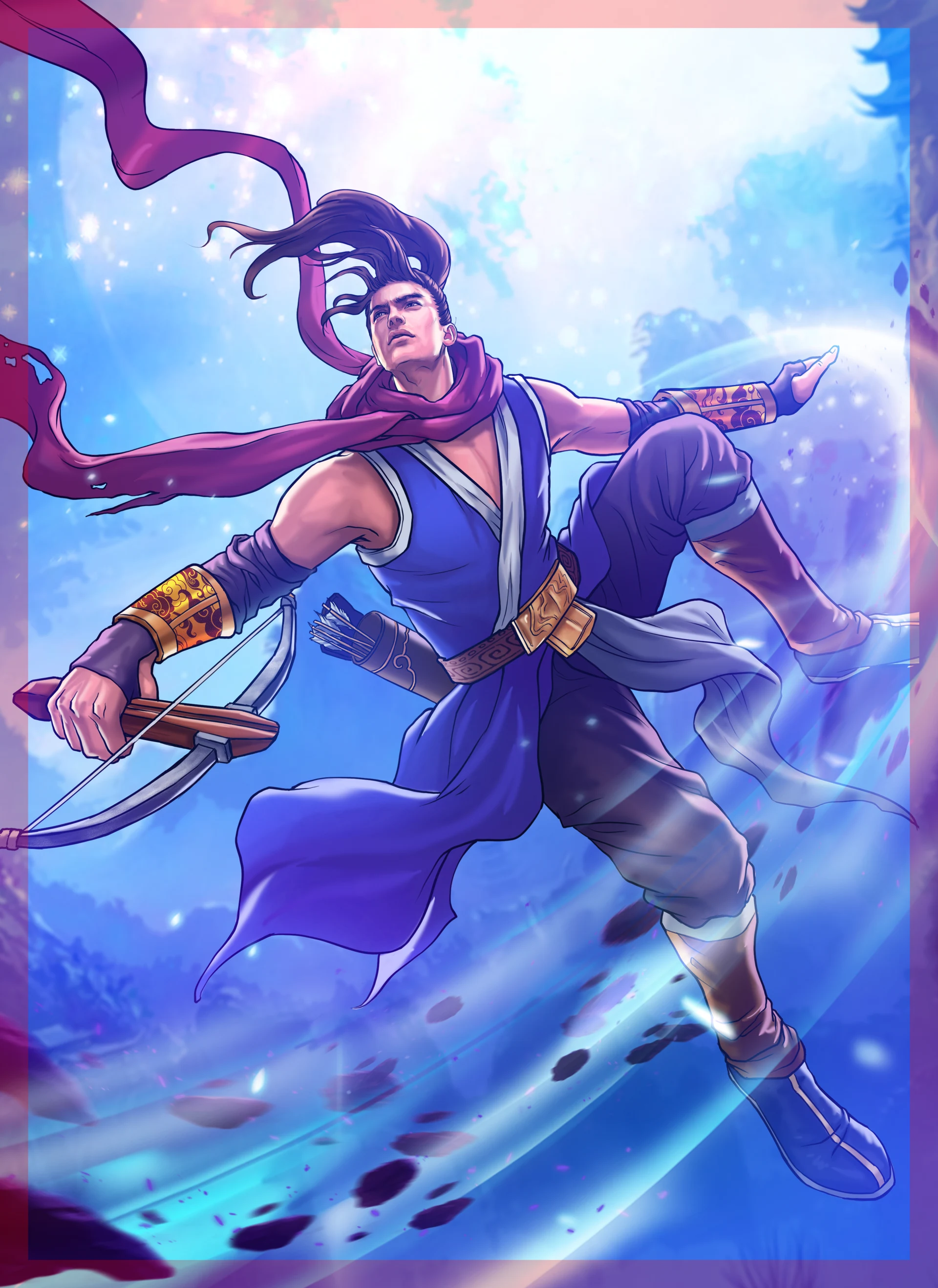 Blue-robed character in motion with a crossbow